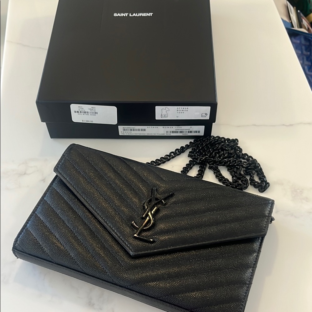 YSL BlaCK WOC Saint Laurent Black Quilted Leather Chain Bag Wallet on Chain